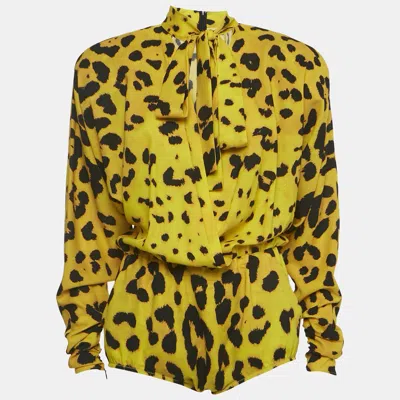 Pre-owned Dolce & Gabbana Yellow Leopard Print Silk Plunging Neck Playsuit S