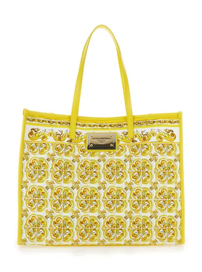 DOLCE & GABBANA YELLOW MAJOLICA-PRINT CANVAS TOTE BAG
