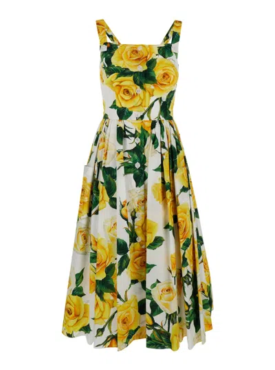 Dolce & Gabbana Yellow Midi Dress With All-over Rose Print In Cotton Woman In Giallo