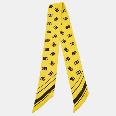 Pre-owned Dolce & Gabbana Yellow Monogram Print Silk Bandeau Scarf