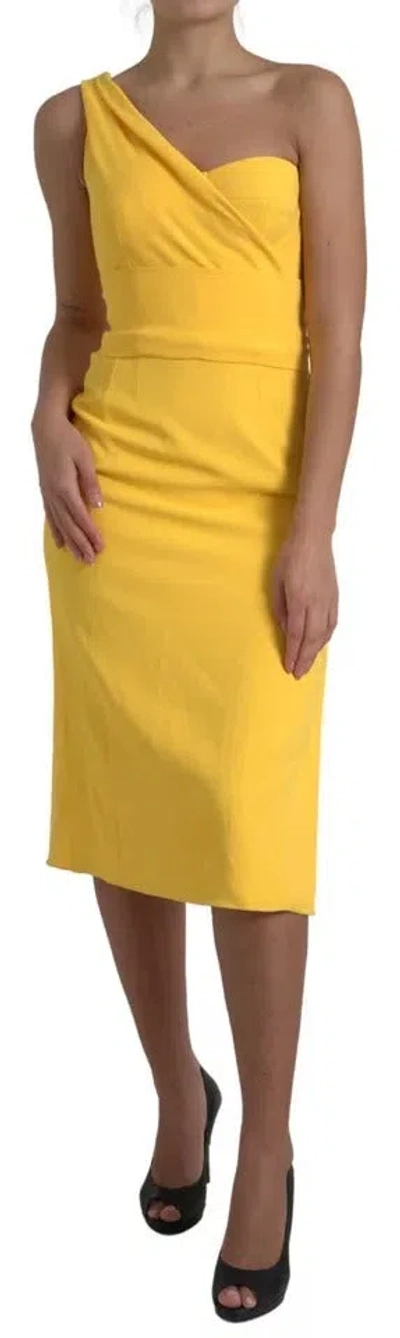 Pre-owned Dolce & Gabbana Yellow One Shoulder Side Slit Midi Women's Dress ()