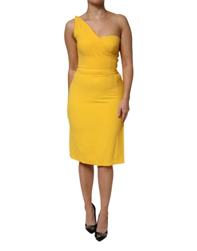Pre-owned Dolce & Gabbana Yellow One Shoulder Side Slit Sheath Women's Dress ()