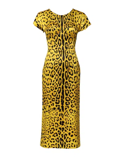 Dolce & Gabbana Leopard-print Stretch Satin Dress In Yellow
