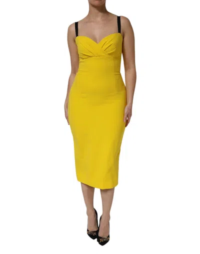 Pre-owned Dolce & Gabbana Yellow Polyester Sleeveless Sheath Midi Women's Dress ()