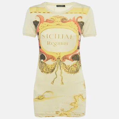Pre-owned Dolce & Gabbana Yellow Printed Cotton Crew Neck T-shirt S