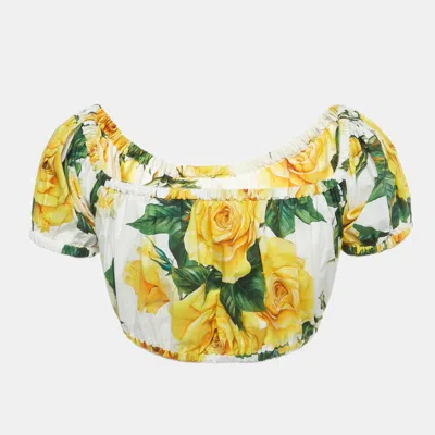 Pre-owned Dolce & Gabbana Yellow Rose Print Cotton Crop Top And Shorts Set Xs