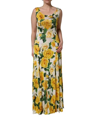 Pre-owned Dolce & Gabbana Yellow Rose Print Organzine Sleeveless Maxi Women's Dress ()