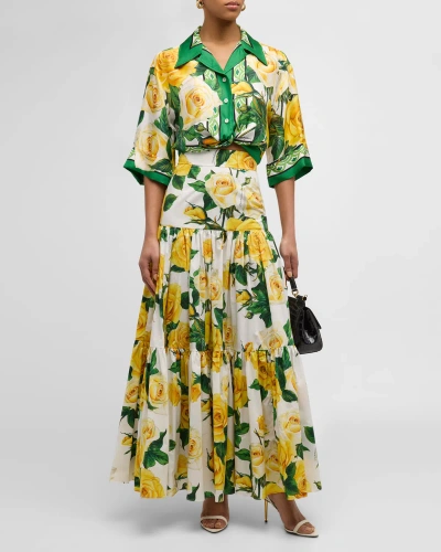 Dolce & Gabbana Yellow Rose-print Tiered Maxi Skirt In Nt Wht Prt