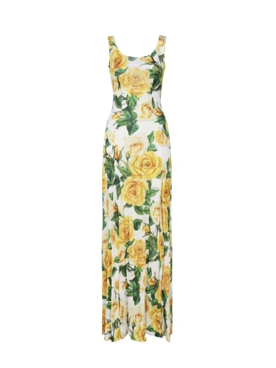 Dolce & Gabbana Yellow Roses Dress In Silk In Yellow, Green, White