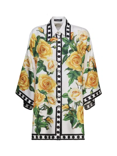 Dolce & Gabbana Yellow Roses Silk Yukata Shirt In Rose Gialle Fdo Bco