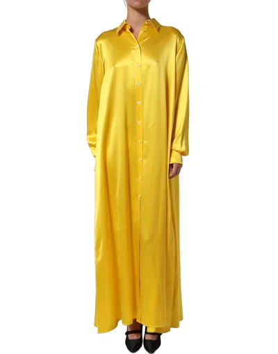 Pre-owned Dolce & Gabbana Yellow Silk Collared Button Down Maxi Women's Dress ()