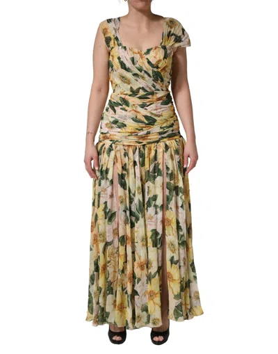 Pre-owned Dolce & Gabbana Yellow Silk Floral Print Pleated Maxi Women's Dress ()