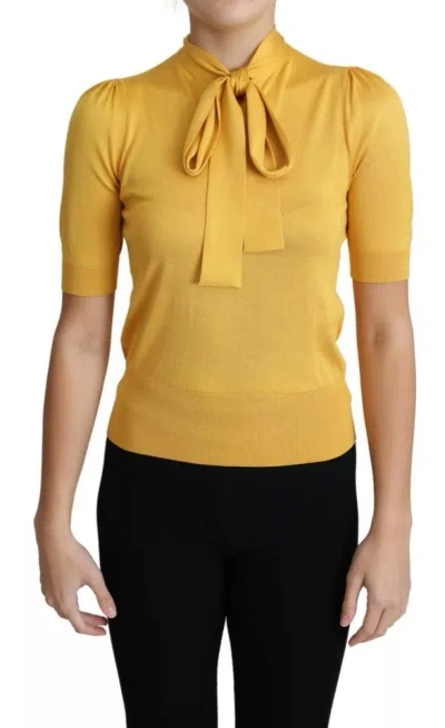Pre-owned Dolce & Gabbana Yellow Silk Knit Pullover Ascot Collar Women's Top ()