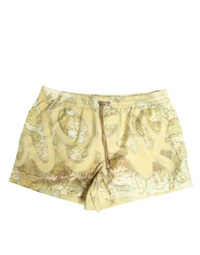 Dolce & Gabbana Yellow World Map Polyester Elastic Waistband Swimwear In Neutral
