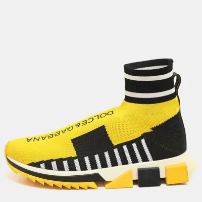 Pre-owned Dolce & Gabbana Yellow/black Knit Fabric Logo Print Slip On Sneakers Size 40