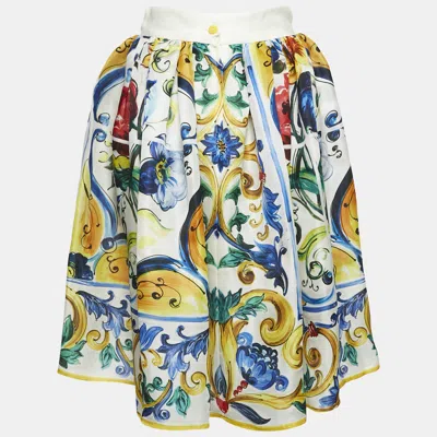Pre-owned Dolce & Gabbana Yellow/blue Majolica Print Silk Gathered Short Skirt S