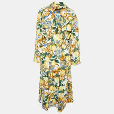 Pre-owned Dolce & Gabbana Yellow/white Limoni Print Cotton Double Breasted Coat M
