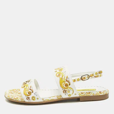 Pre-owned Dolce & Gabbana Yellow/white Majolica Print Leather Flat Sandals Size 37