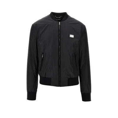 Dolce & Gabbana Ylon Bomber Jacket With Logo Plate In Black