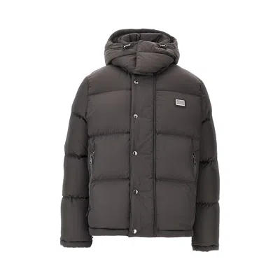 DOLCE & GABBANA YLON TWILL DOWN JACKET WITH LOGO PLATE