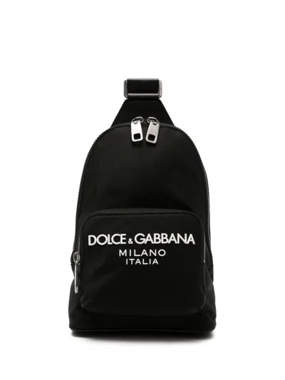 Dolce & Gabbana Zaino A Tracolla In Nylon Con Logo Gommato Frontale In Nero