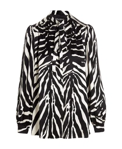 Dolce & Gabbana Zebra Print Pussy-bow Collar Shirt In Black