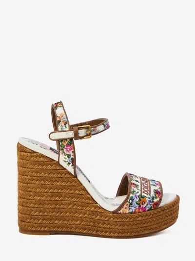 Dolce & Gabbana Leather-trimmed Embroidered Canvas Platform Wedge Sandals In Brown