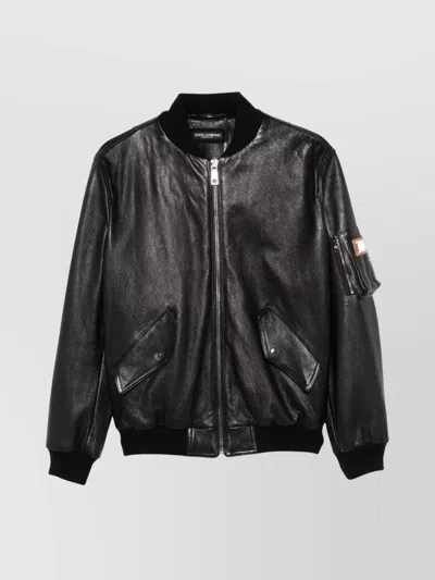 Dolce & Gabbana Zip Front Jacket With Ribbed Cuffs In Black