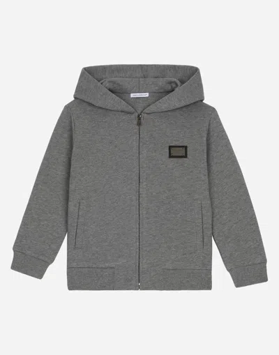 Dolce & Gabbana Zip-up Hoodie With Logo Tag In Grey
