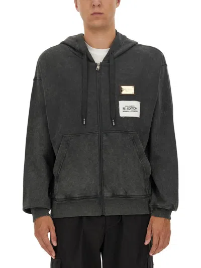 Dolce & Gabbana Zip-up Hoodie With Vintage Wash And Distinctive Branding In Grey
