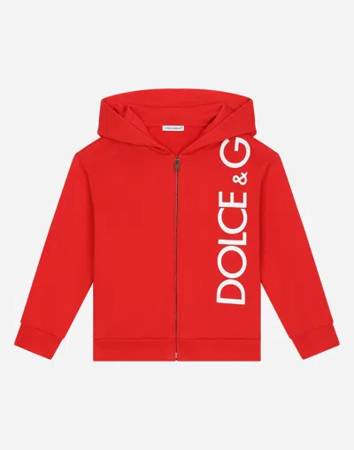 Dolce & Gabbana Zip-up Jersey Hoodie With Logo Print In Red