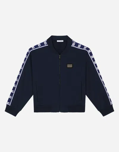 Dolce & Gabbana Zip-up Jersey Sweatshirt With Logo Side Bands In Blue