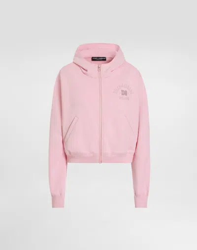 Dolce & Gabbana Zip-up Jersey Sweatshirt With Raised Dg Logo Embroidery In Pink