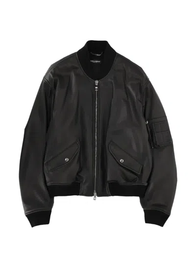 Dolce & Gabbana Leather Bomber Jacket Front And Arm Pockets In Black