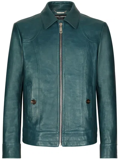 Dolce & Gabbana Two-pocket Zipped Leather Jacket In Green