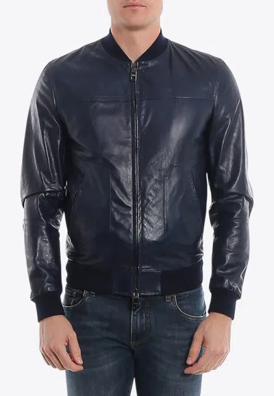 Dolce & Gabbana Zip-up Nappa Leather Bomber Jacket In Blue
