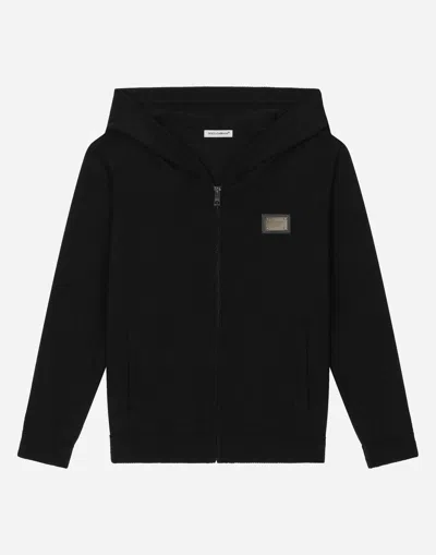 Dolce & Gabbana Zip-up Plain Knit Hooded Cardigan With Logo Tag In Black
