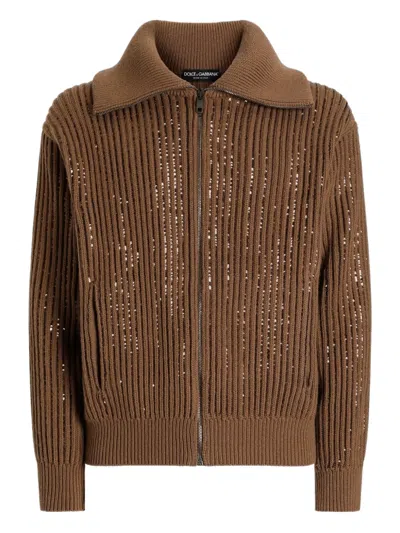 Dolce & Gabbana Zip-up Ribbed Cardigan In Brown