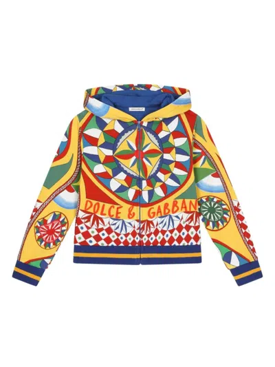 Dolce & Gabbana Kids' Zipped Hoodie With Cart Print In Multicolour