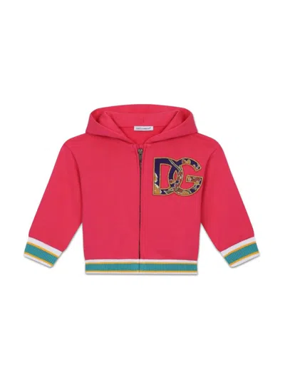 Dolce & Gabbana Babies' Zip-front Logo Hoodie In Fuchsia