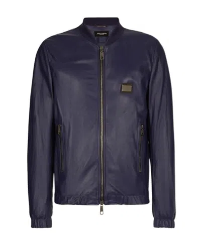 Dolce & Gabbana Zipper Long-sleeved Leather Jacket In Blue
