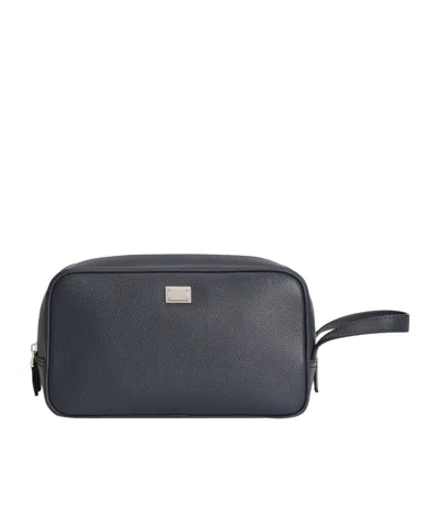 Dolce & Gabbana Toiletry Bag In Calfskin Leather In Gray