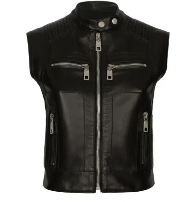 Dolce & Gabbana Logo-plaque Leather Waistcoat In Black