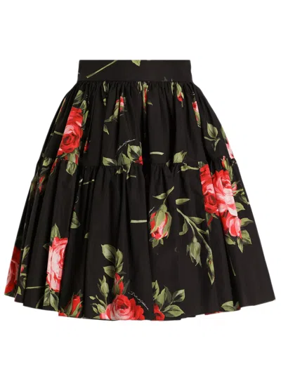 Dolce & Gabbana ?-rose Bouquet Mini Skirt With Peplum And Gathered Ruffle, Center Back Belt, 100% Cot In Nero