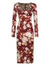 Dolce & Gabbana Rose Print Midi Dress With A Square Neckline In Red