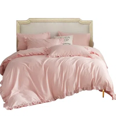 Dolce Mela 6 Piece Duvet Cover Set Ruffled Bedding 100% Cotton In Pink