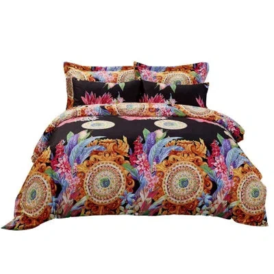 Dolce Mela Floral Bedding Reversible Duvet Cover Set In Black,orange