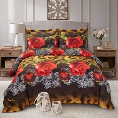 Dolce Mela Floral Bedding Reversible Duvet Cover Set In Brown,red