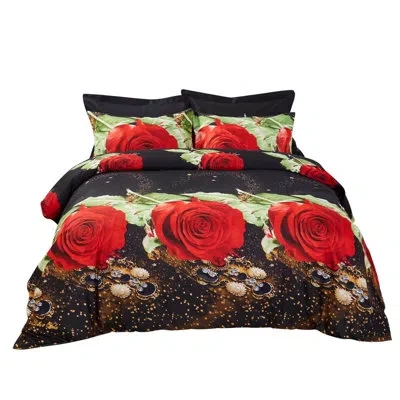 Dolce Mela Night Roses Floral Bedding Reversible Duvet Cover Set In Black,brown,red,green