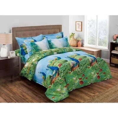 Dolce Mela Peafowl Pictorial Bedding Reversible Duvet Cover Set In Green,blue